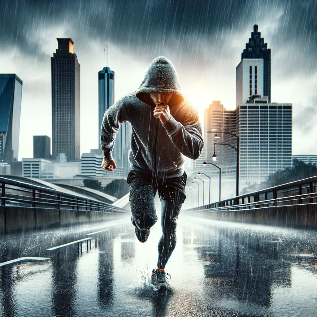 A runner braving the rainy, chilly weather in Atlanta, determined and focused, symbolizing motivation and the challenge of hustle culture. The image captures the essence of pushing through excuses and adversities, paralleling the concept of doing what others won't in business. The backdrop features a rainy, urban Atlanta setting to emphasize the context.