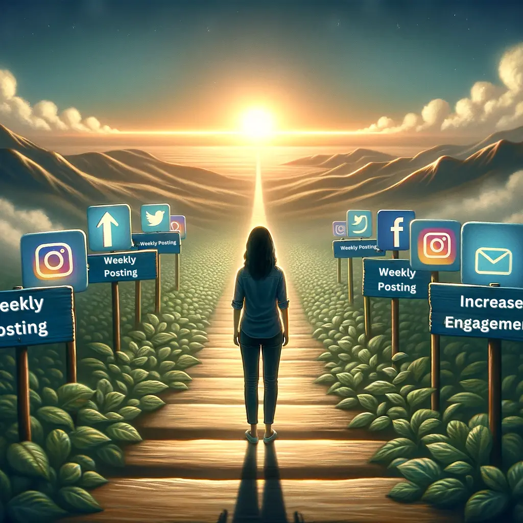 An inspiring image representing the journey of overcoming social media anxiety for business growth. The image features a person (Caucasian, female) standing at the start of a path marked by social media icons, looking apprehensive. Along the path, there are milestones like 'First Post', 'Weekly Posting', and 'Increased Engagement'. The path leads towards a bright, inviting horizon symbolizing growth and confidence. The setting is serene, conveying a sense of progress and self-discovery.