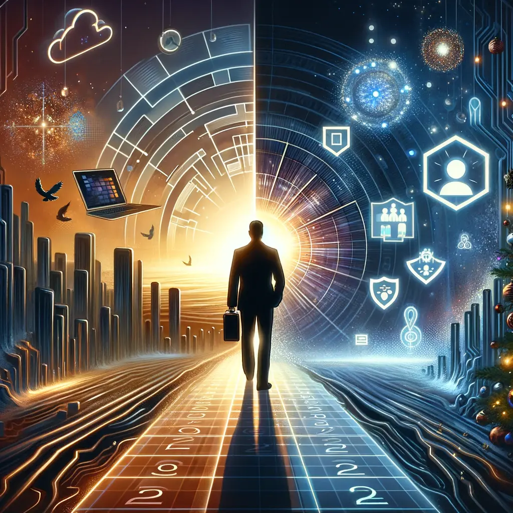 A conceptual image representing personal growth and transformation in the tech industry during 2023. The image features a juxtaposition of a dimly lit, somewhat hollow tech landscape in the background, symbolizing the first half of the year, and a vibrant, active foreground with a person standing confidently, representing taking control and proactive change in the second half of the year. The person is shown as a metaphor for a business owner or entrepreneur, surrounded by symbols of business development, digital marketing, and personal empowerment. The image evokes a sense of journey from uncertainty to clarity and strength, with an inspiring and hopeful vibe for 2024.