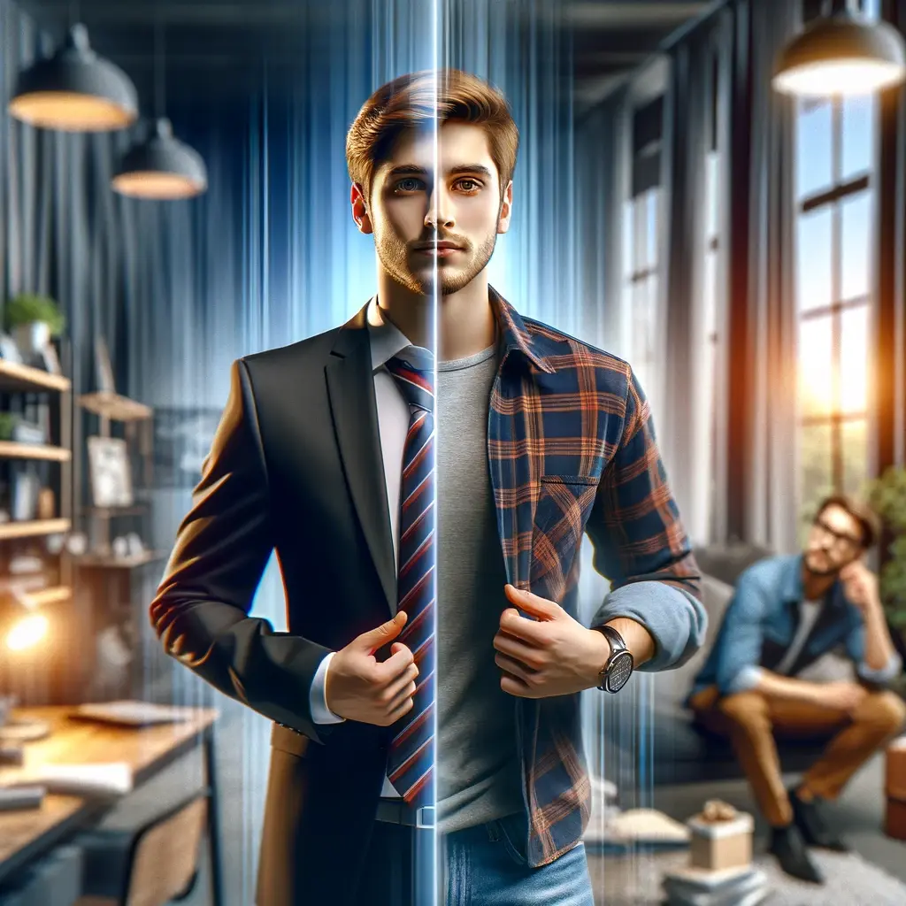 An image representing the concept of merging two identities - 'Business Beau' and 'Non-business Beau'. One side of the image shows a person in a business suit, looking formal and professional, symbolizing 'Business Beau'. The other side shows the same person in casual attire, relaxed and approachable, representing 'Non-business Beau'. Between them, a blurred transition to signify the merging of these two identities. The background should be a blend of a corporate office and a cozy, personal space, reflecting the blend of professional and personal life. The image conveys the theme of authenticity and personal growth in the context of business and social media.