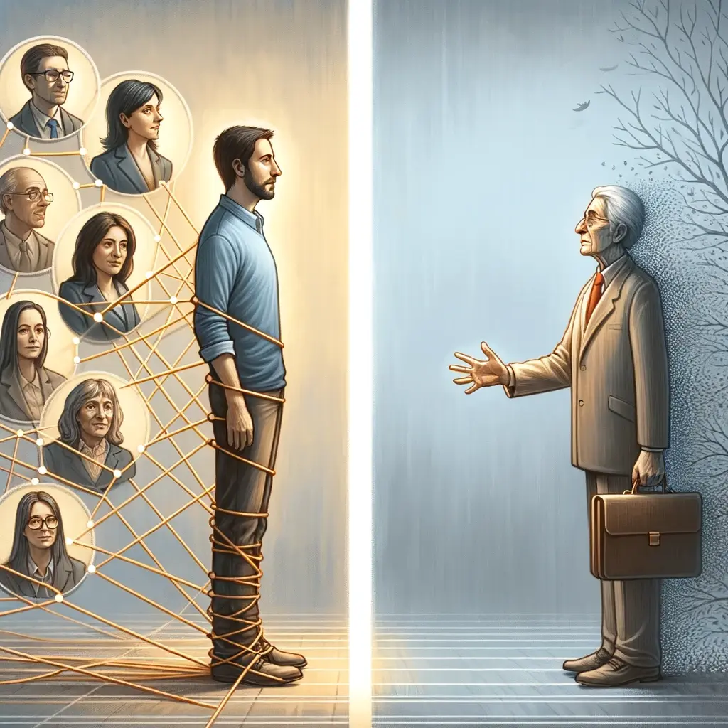 An illustration representing the concept of networking and genuine relationships in a professional setting. The image shows two contrasting scenes divided by a vertical line. On the left, a person is surrounded by a network of connected individuals, symbolizing regular and meaningful communication. Each person is represented as a distinct figure with warm, friendly expressions, depicting a supportive and engaged network. On the right, the same person is depicted reaching out to distant, faded figures, symbolizing infrequent and superficial connections. The person on the right appears isolated and the network looks sparse, conveying the idea of a 'five-year friend'. The overall tone is professional and insightful, encouraging genuine and consistent networking.